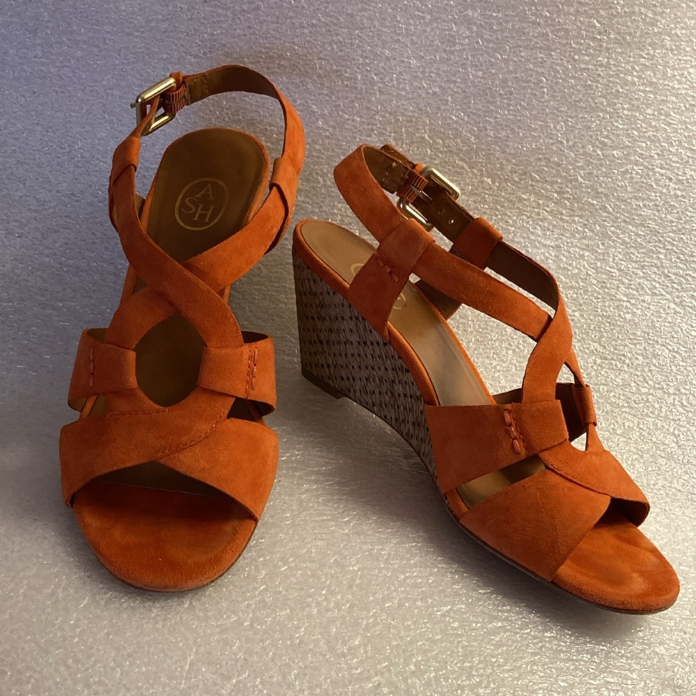 ASH Orange Suede Slingback Lattice Wedge Heel Sandals & Gold Buckle - Sz 37